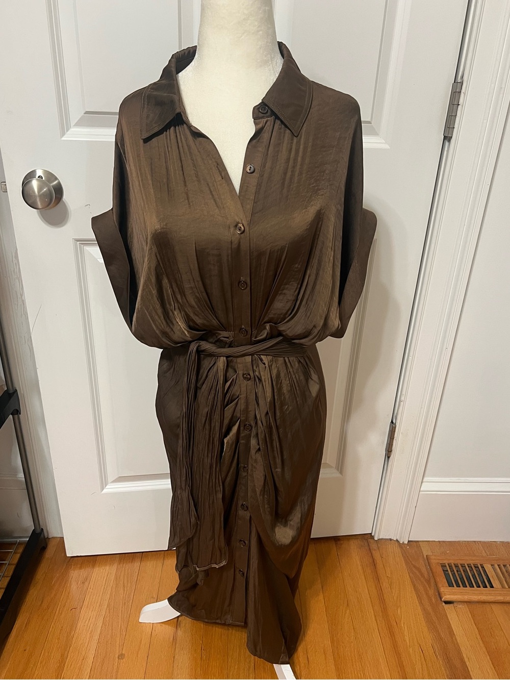 Brown Button-Front Maxi Shirt Dress with Waist Tie